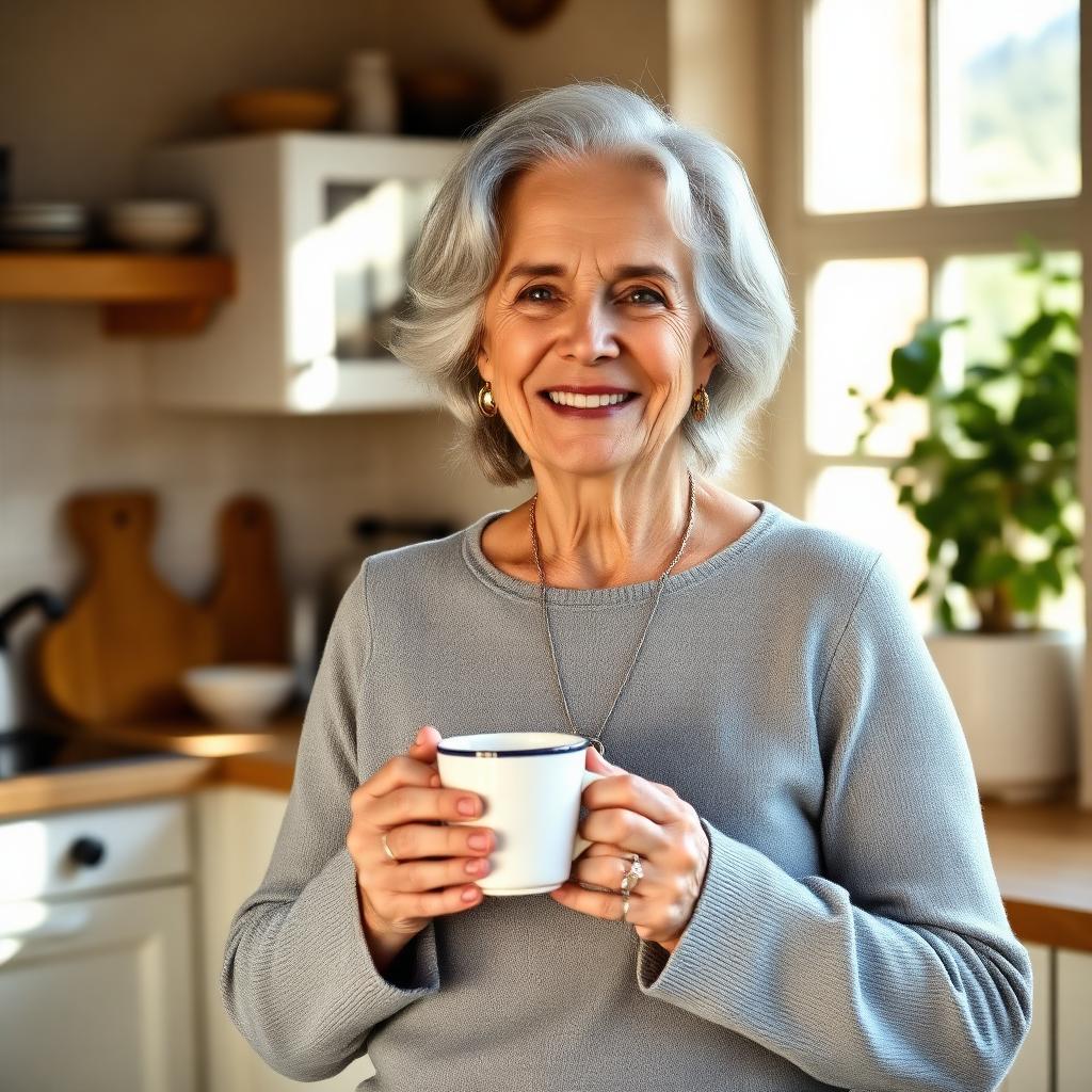 Pensionata italiana sorridente in cucina